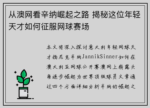 从澳网看辛纳崛起之路 揭秘这位年轻天才如何征服网球赛场